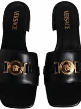 Versace Black Leather Slide Sandals with Gold Medallion